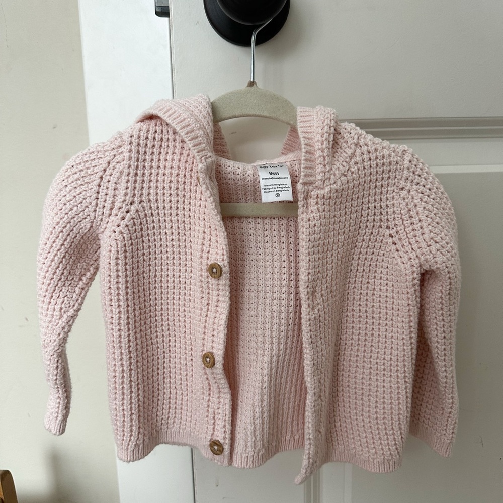 Light Pink Hooded Button Front Carter’s Baby Hooded Cardigan - 9 Months - Picture 1 of 5